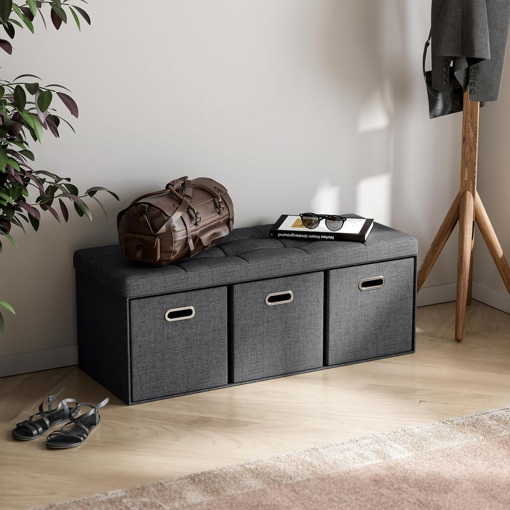 Ornavo Home 40 Inch Storage Ottoman with 3 Drawers, Tufted Linen, Black