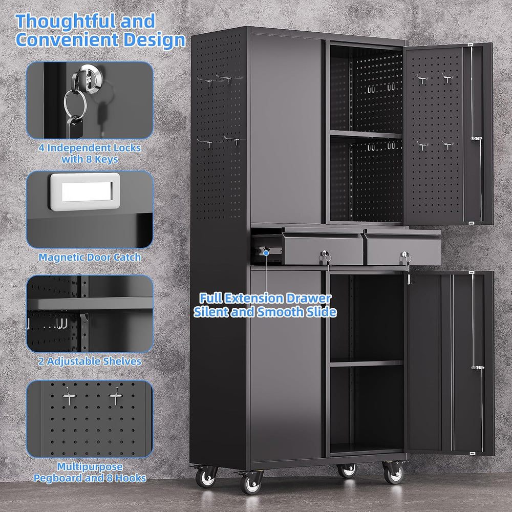 Aobabo 71"H Metal Garage Storage Cabinet Organizer with 2 Drawers