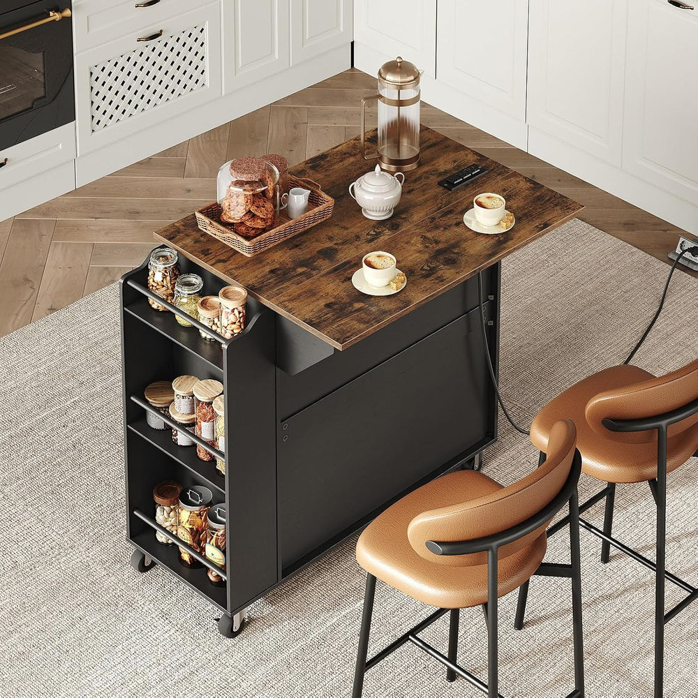 Kitchen Island with Power Outlets & Drop Leaf, Rolling Kitchen Cart on Wh...