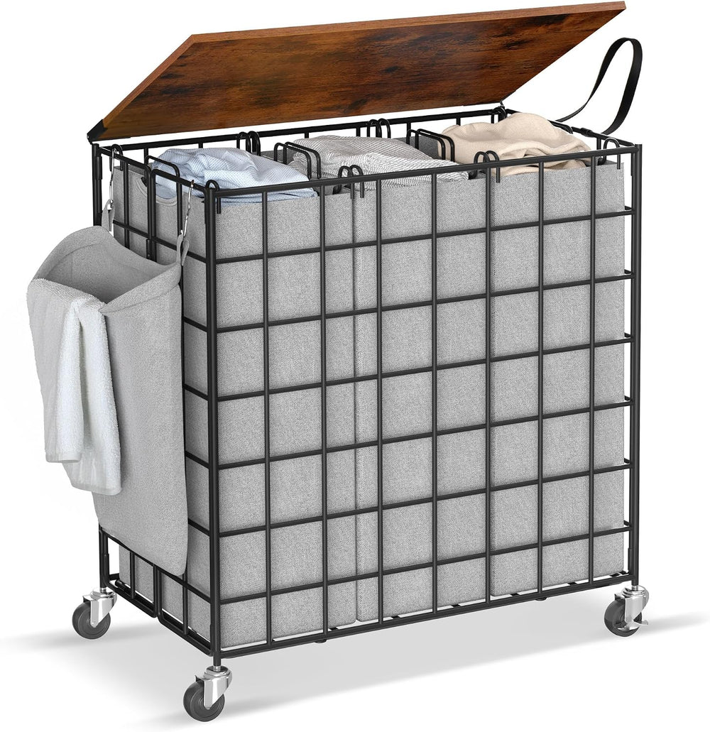 Laundry Basket with Wheels, Heavy Duty Laundry Sorter 3 Sections, 140L (37Gal...
