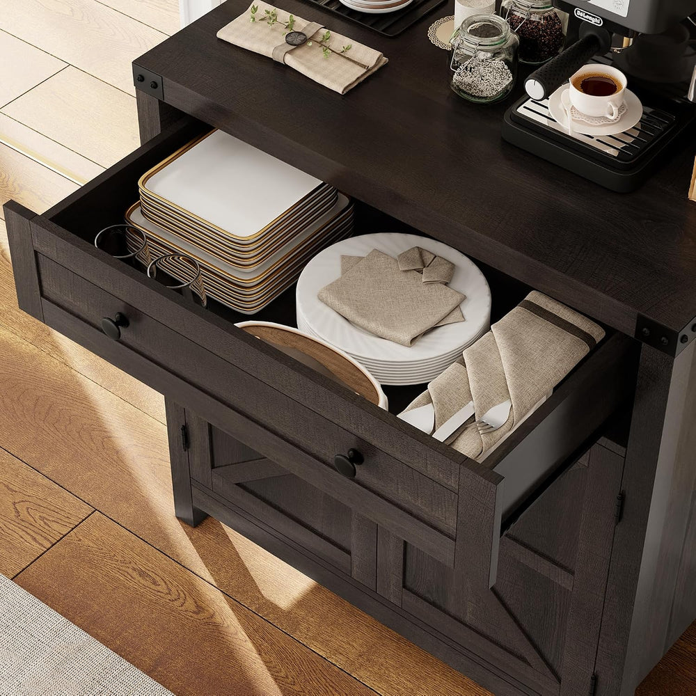 HOSTACK Kitchen Storage Cabinet, Farmhouse Coffee Bar Cabinet, Dark Brown