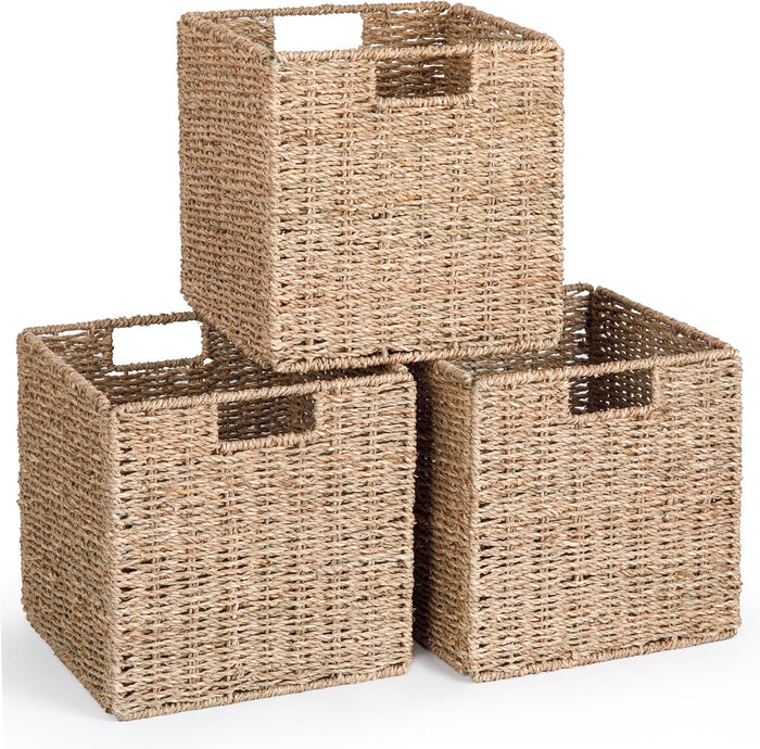 10.5 x 10.5in Cube Seagrass Storage Baskets, Foldable Square Wicker Storage Baskets for Shelves Set of 3, Large Cubby Rattan Basket, Collapsible Cube Storage Bins