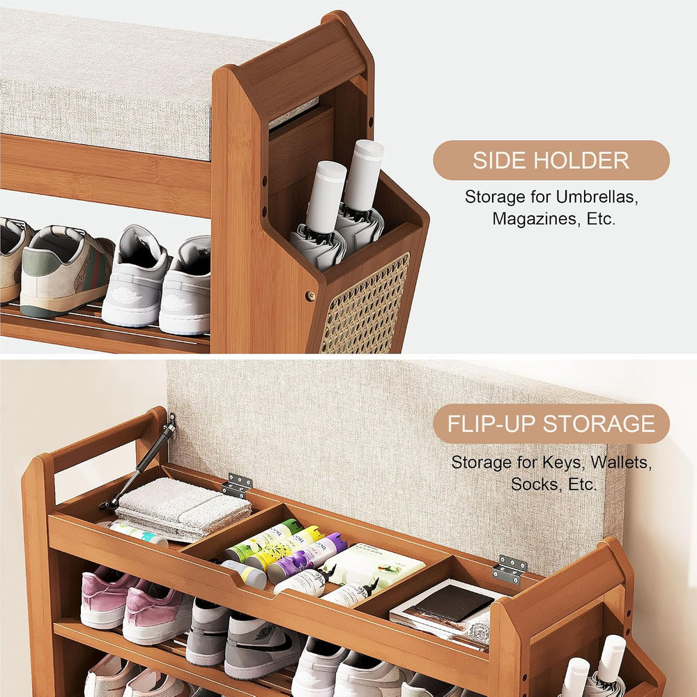 PETKABOO 31.5" Bamboo Shoe Rack Bench with Coat Rack, 3-Tier Entryway Be...