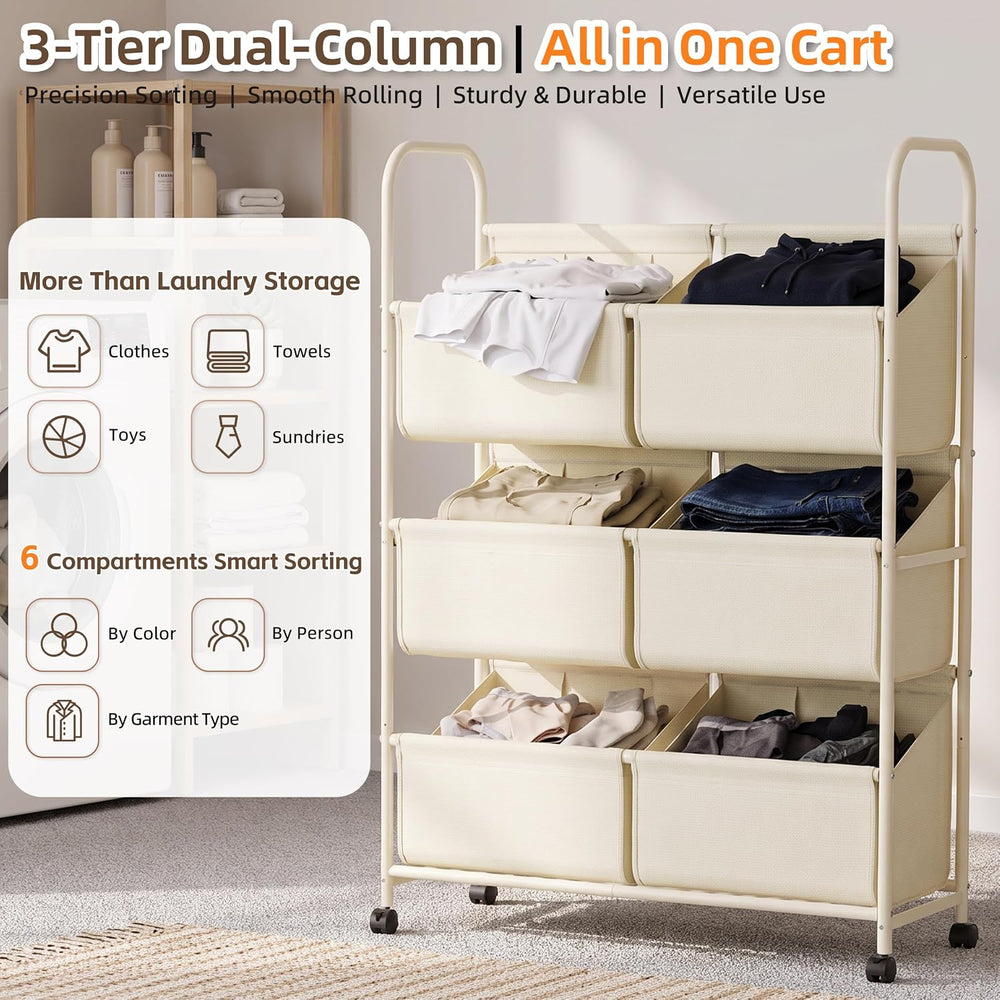 3-Tier Double Column Vertical Rolling Laundry Hamper,6 Removable Bags