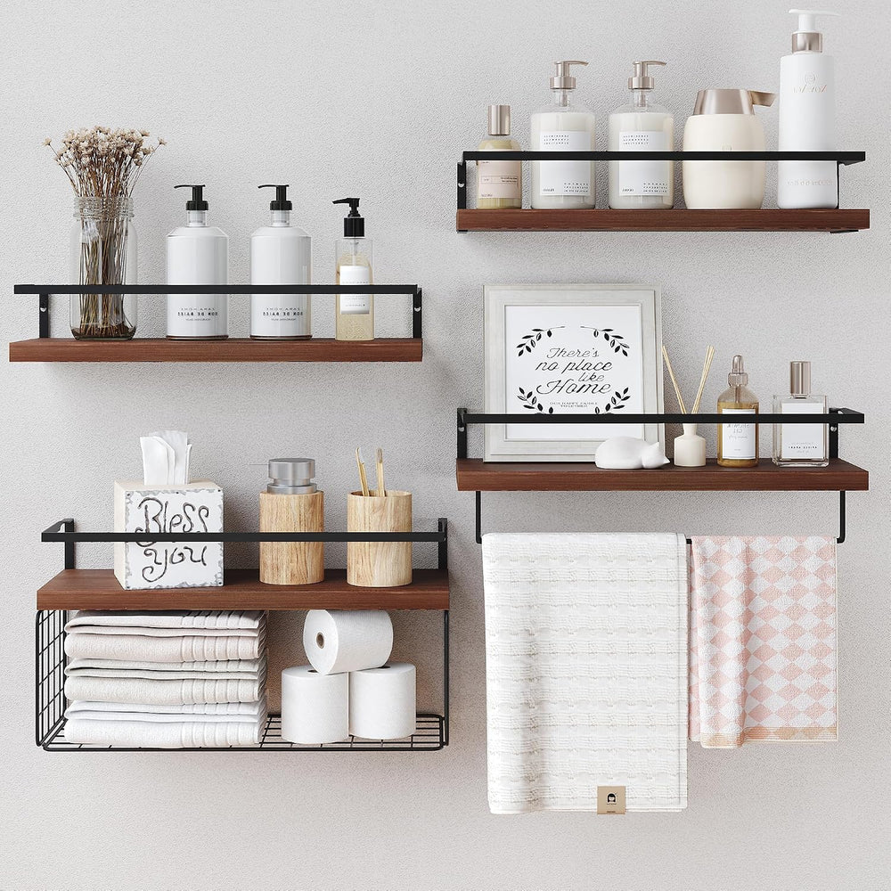 Bathroom Floating Shelves Wall Mounted - 4+1 Tier Rustic Wooden Bathroom Wall...