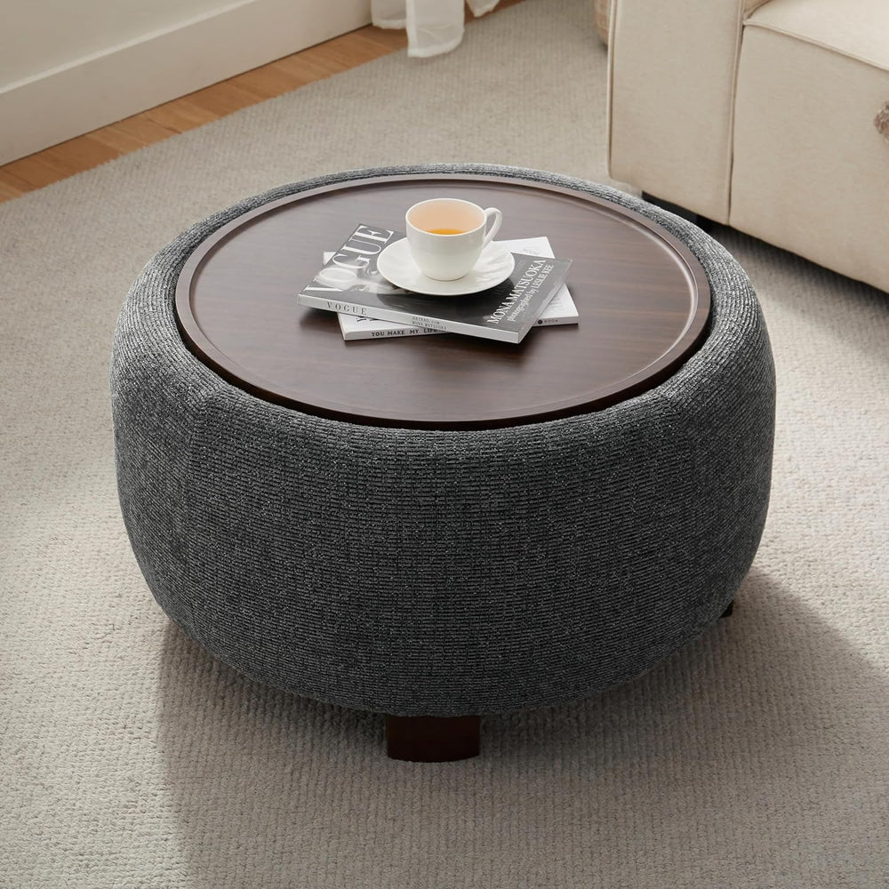 VKNOW 30 Inch Fabric Round Storage Ottoman with Wood Lift-Off Lid, Black