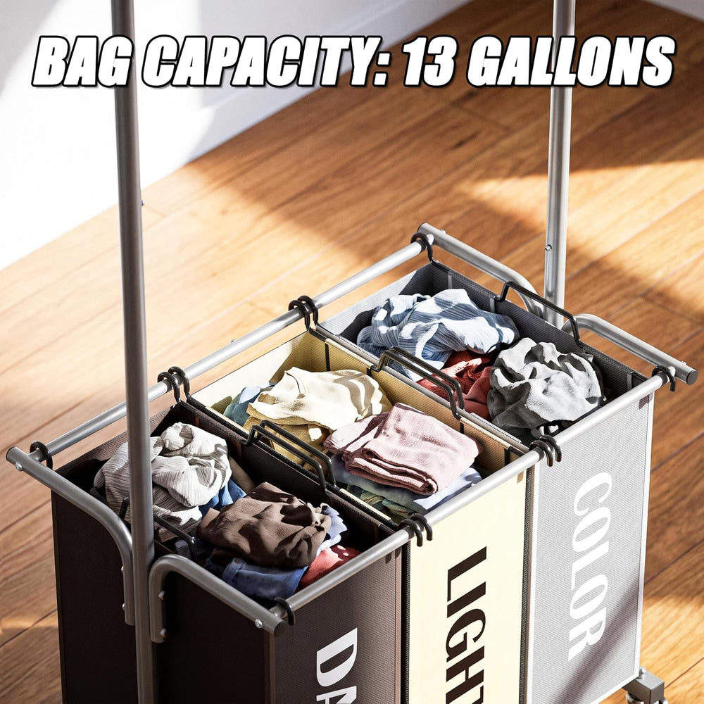 Simple Houseware 3 Bags Laundry Sorter Cart with Hanging Rod, Multi Color