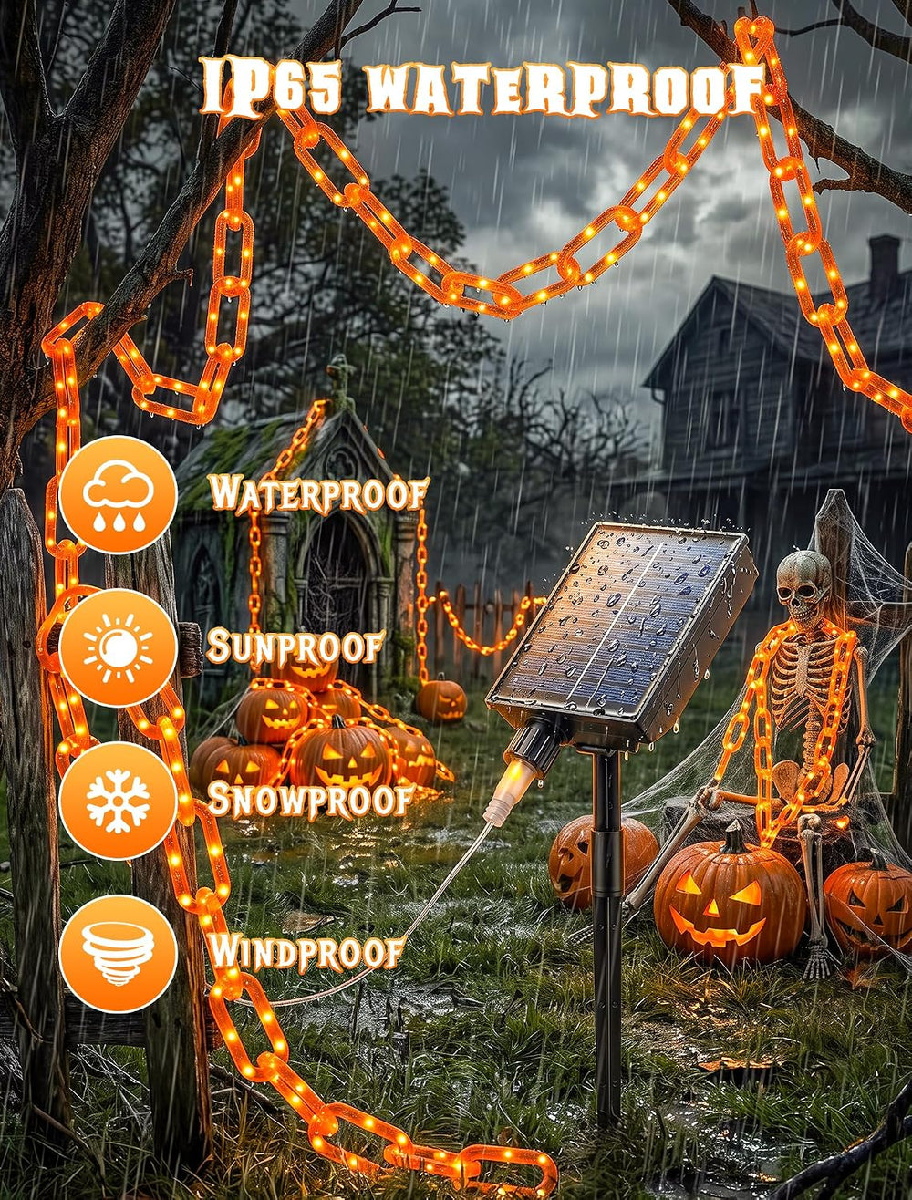 Solar Halloween Chain Lights, 10.4 FT 175 LED Orange Plastic Chain