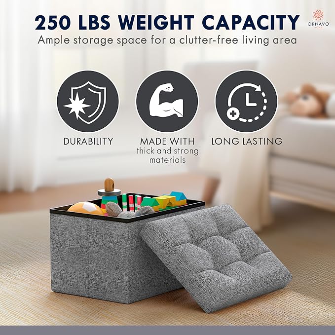Ornavo Home Small Storage Ottoman, Foldable Collapsible Rectangle Linen Ottom...