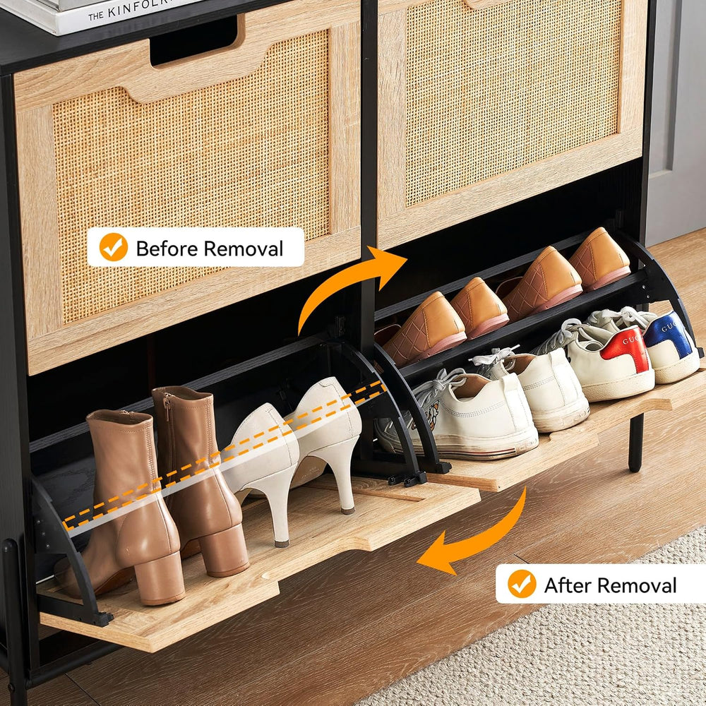 GAOMON Natural Rattan 4 Flip Door Shoe Rack Storage Cabinet, Shoe Cabinet Org...