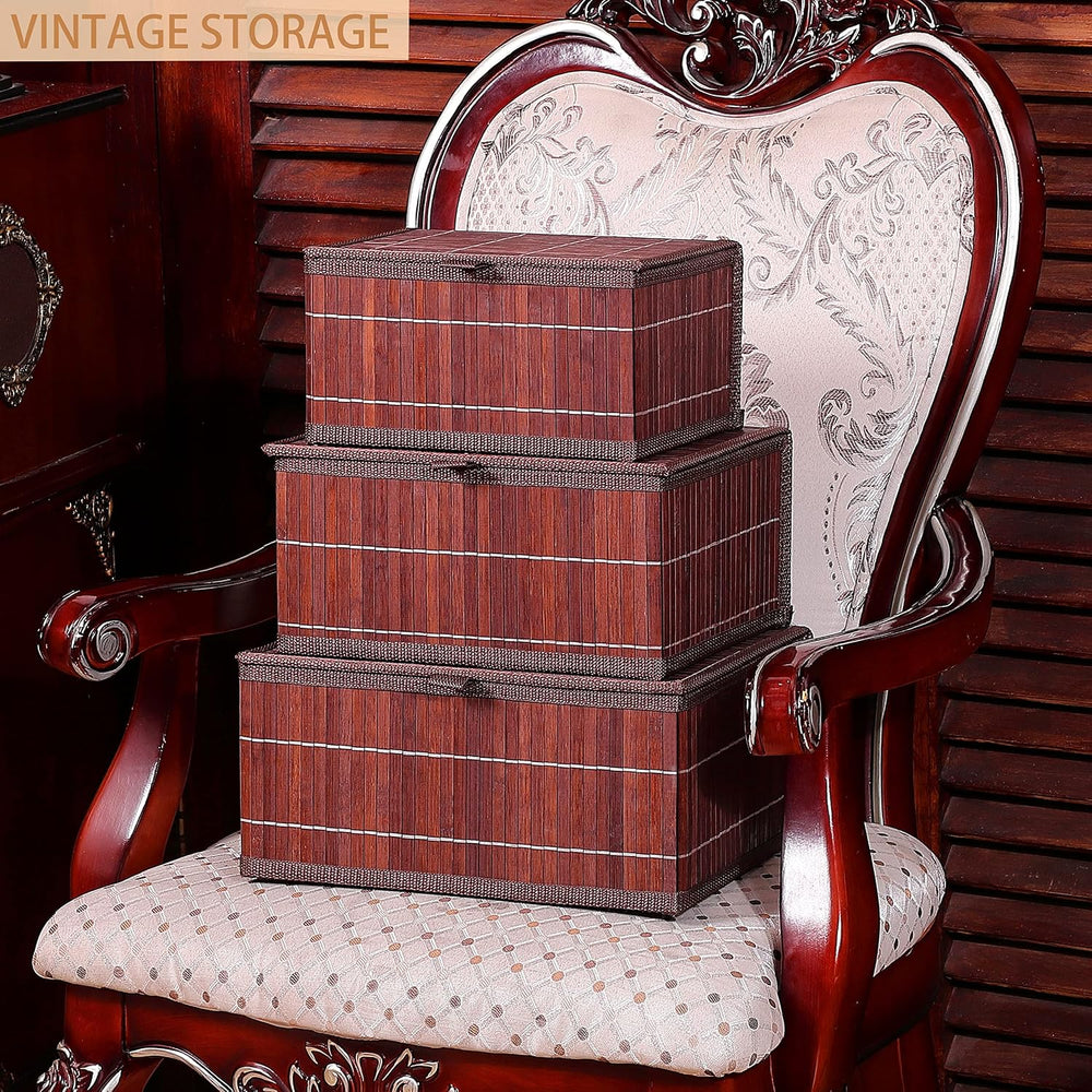 Bamboo Decorative Storage Boxes - Set of 3 Woven Lined Storage Basket with Li...