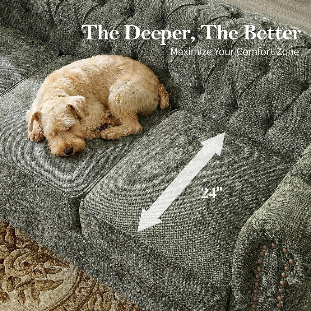 Modern Chesterfield Sofa, Deep Seat Chenille Rolled Arms Couch,Green