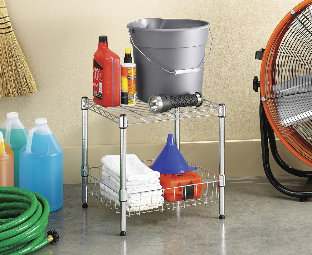 Whitmor 2-Wire Shelving Unit, Metal Storage Shelves, Stacking Shelf with Bask...