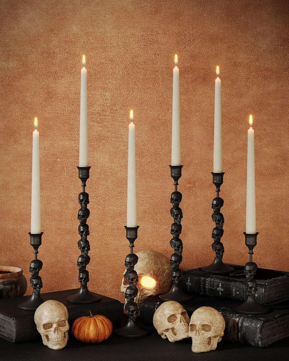 Skull Candle Holder, Gothic Taper Candlestick for Halloween, 6 Pack