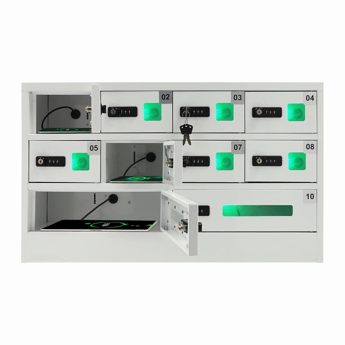 10-Compartment Cellphone Charging Locker, QC3.0 Fast Charging, 3-in-1 Ports (USB-C/Apple/Android), Password & Key Lock, Wall Mount/Freestanding, Computer Charging Locker for School Gym Office Hotel