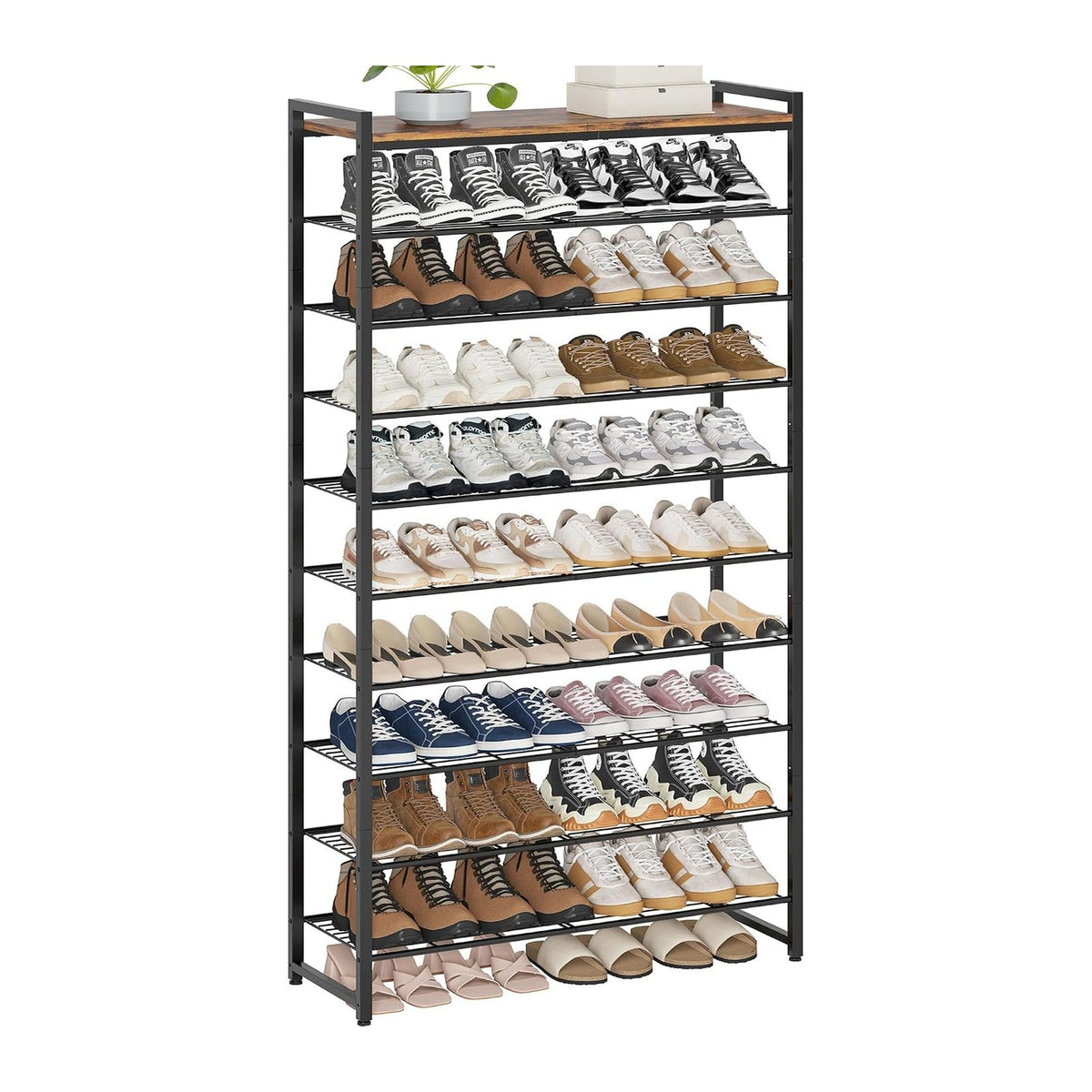 10 Tier Shoe Rack Organizer for 40-50 Pairs, Tall Metal Shoe Storage Shelf with Wood Top, Adjustable Boot Space, Narrow Design for Entryway Closet,Rustic Brown and Black