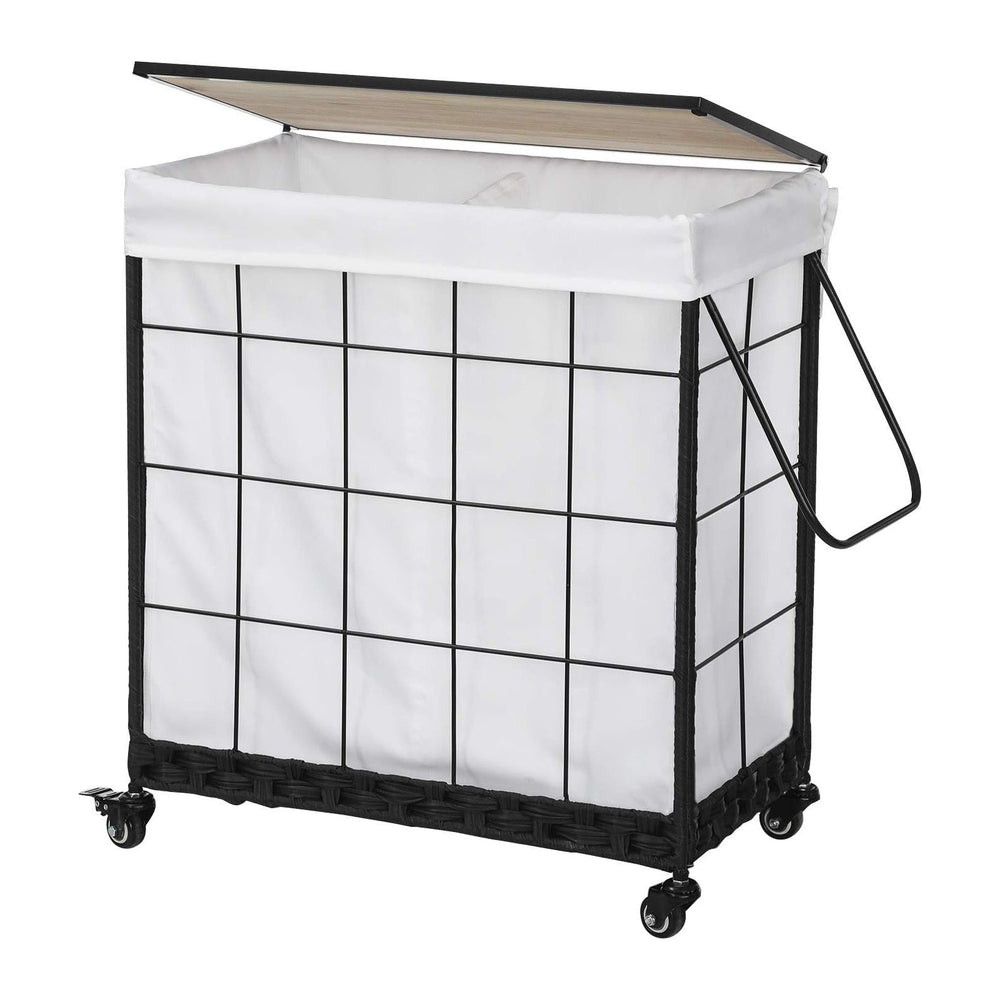 110L Laundry Hamper with Wood Lid, Rolling Laundry Basket with Liner Bag