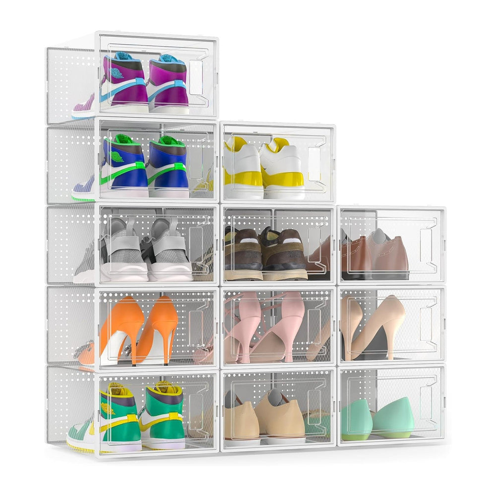 12 Pack XX-Large Stackable Clear Plastic Shoe Storage Box Organizer, White