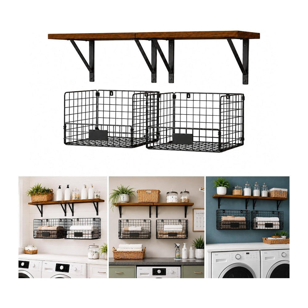 2 Pack Laundry Room Shelves Wall Mounted with Wire Mesh Baskets