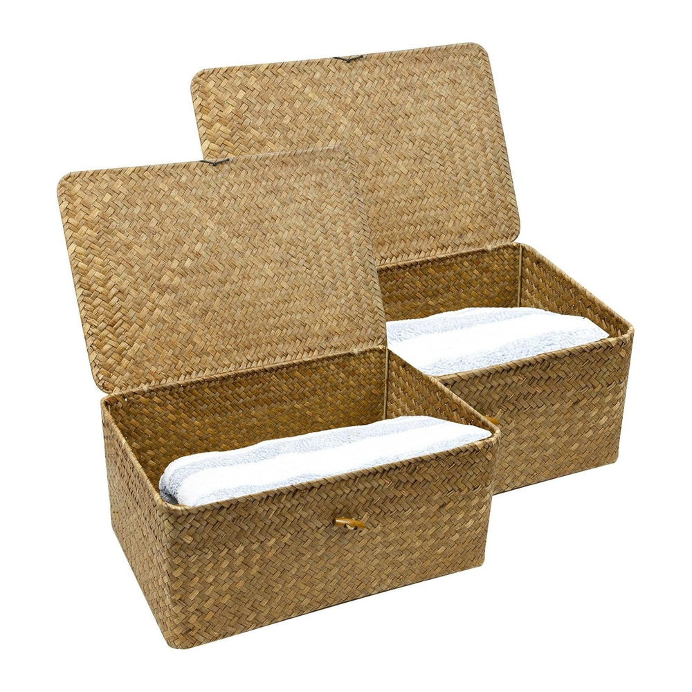 2-Pack Wicker Storage Baskets with Lid, Coffee Large & X-Large Rectangula...