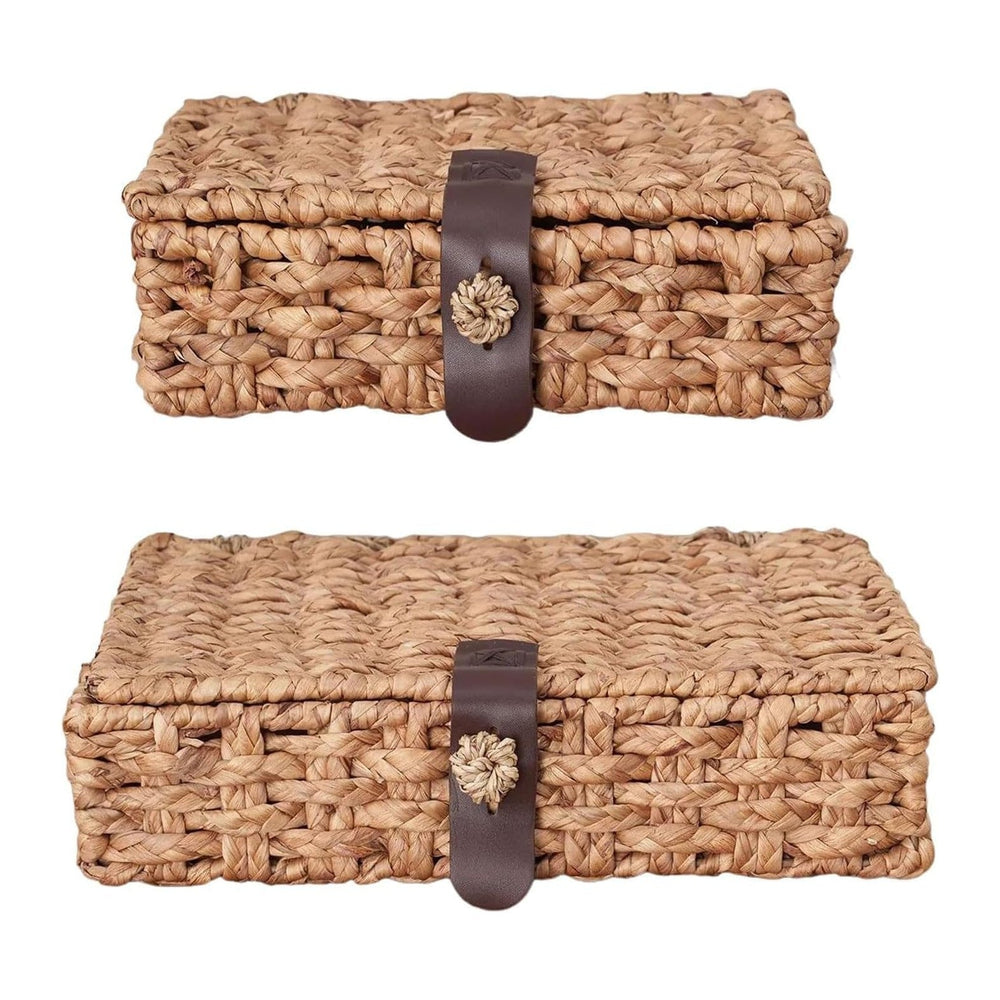 2 Pcs Decorative Box with Lid, Wicker Storage Basket, Water Hyacinth Woven De...