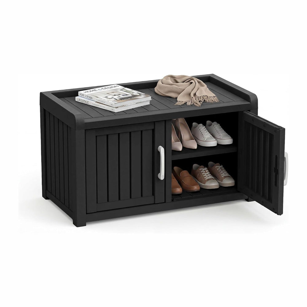 2-Tier Storage Bench, Waterproof UV-Resistant Outdoor Shoe Storage Cabinet ，O...