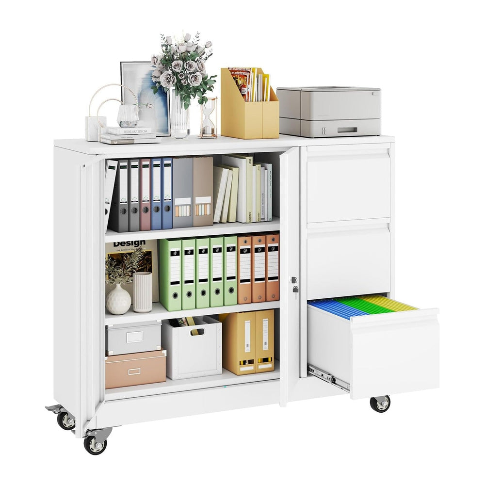 3 Drawer Lockable Lateral Mobile Steel File Cabinet with Wheels, White