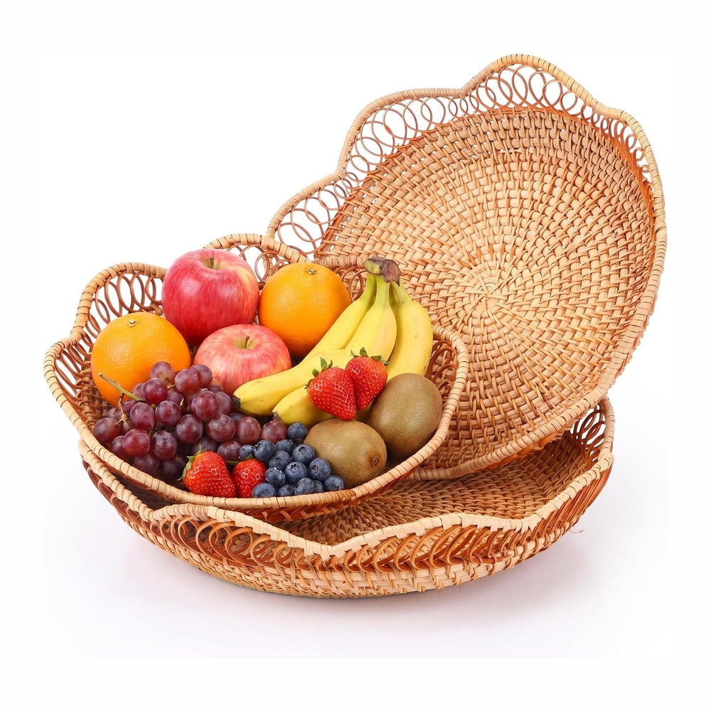 3 Pcs Rattan Bread Fruit Basket for Serving, Wicker Bread Tray Woven Round Fr...