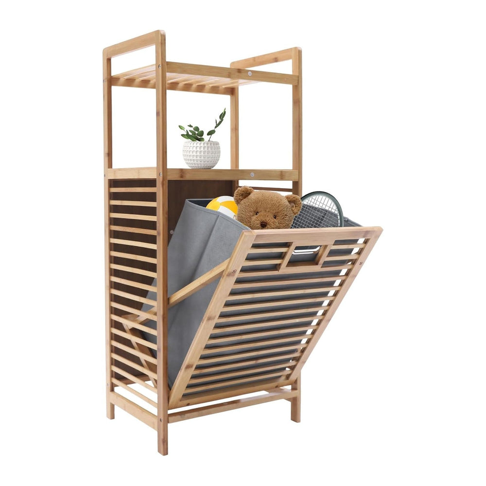 3-Tier Laundry Hamper with Shelf, Bamboo Tilt Out Laundry Hamper, Removable C...