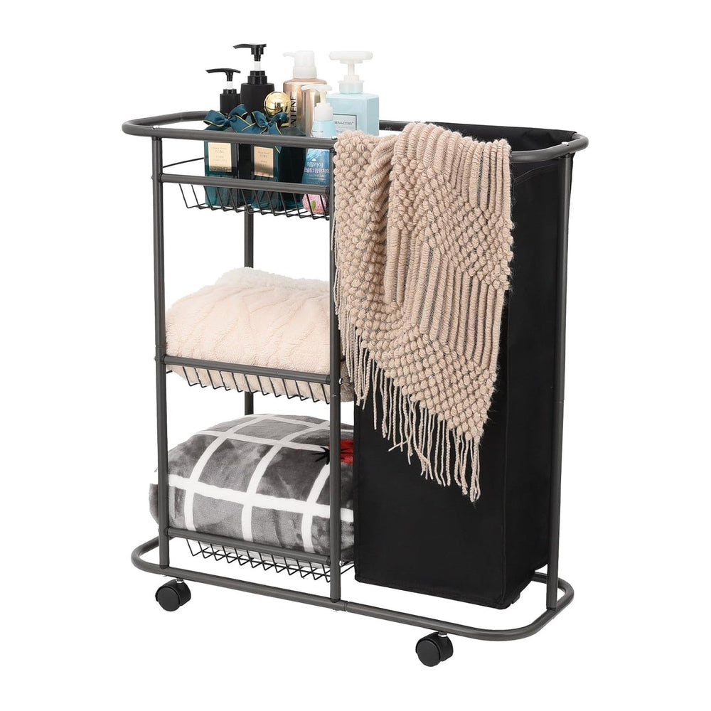 3-Tier Rolling Laundry Cart with Wheels and 45L Bag, Black