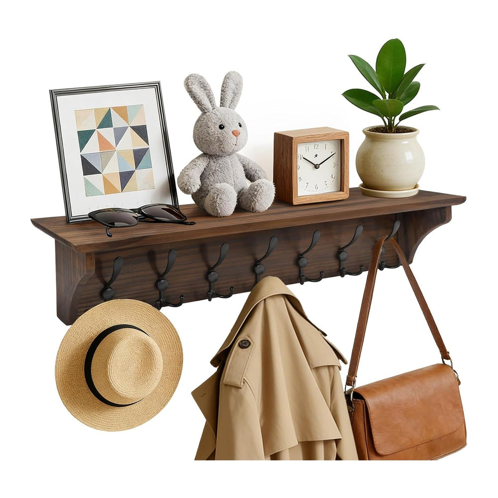 33" Coat Rack with Shelf Wall Mount, Pre-Assembled Solid Wood Coat Hooks...