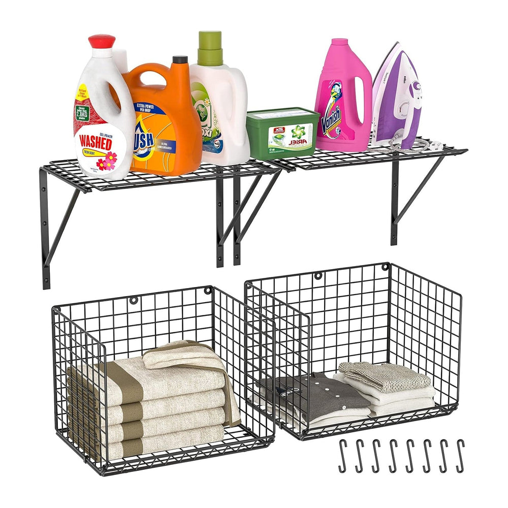 3IngSeagulls 2 Pack Laundry Room Shelves, Wire Baskets with 8 Hooks, Over Was...
