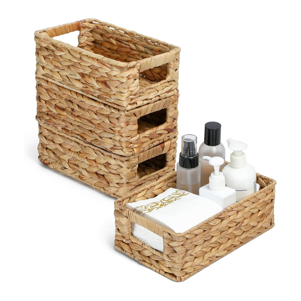 4 Small 3.6 QT Water Hyacinth Wicker Baskets for Shelves, 10" Long Woven...