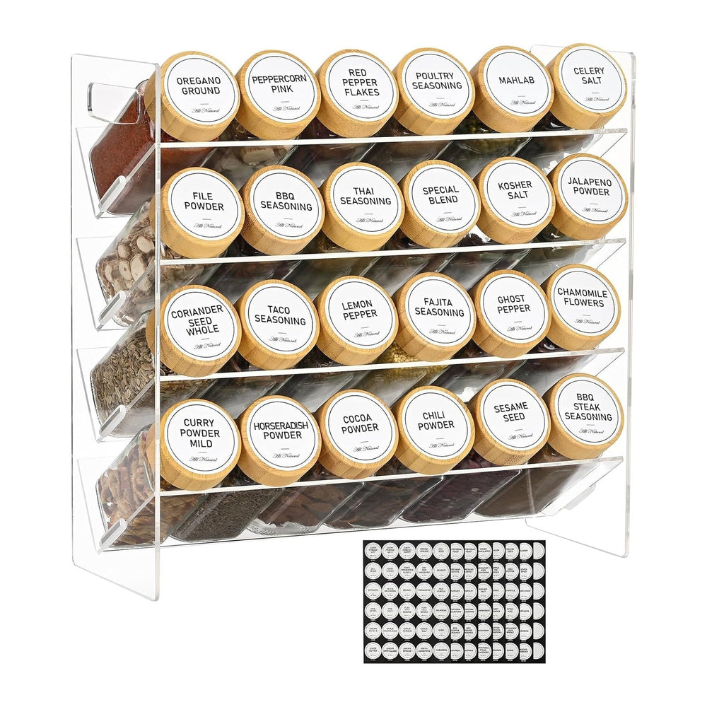 4-Tier Acrylic Spice Rack Organizer with 24 Glass Spice Jars and Wooden Lids,...