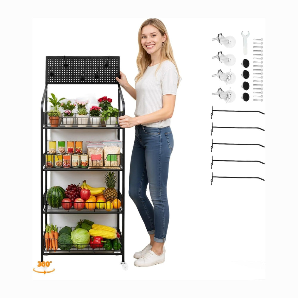 4 Tier Snack Rack Display Stand, Metal Retail Display Rack with Wheels and 5 ...