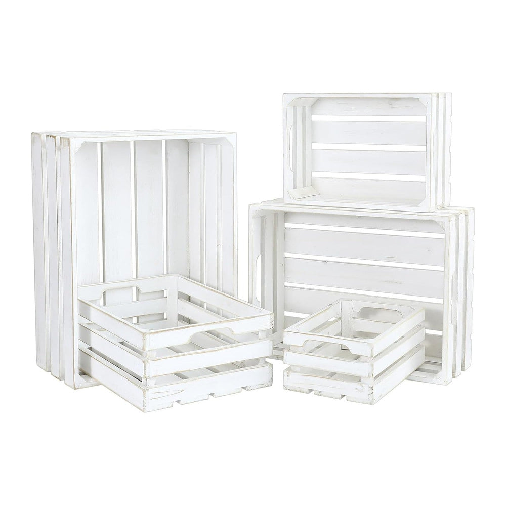5-Piece Rustic White Wooden Crates Set, Wall Mountable Slatted Storage Crates...