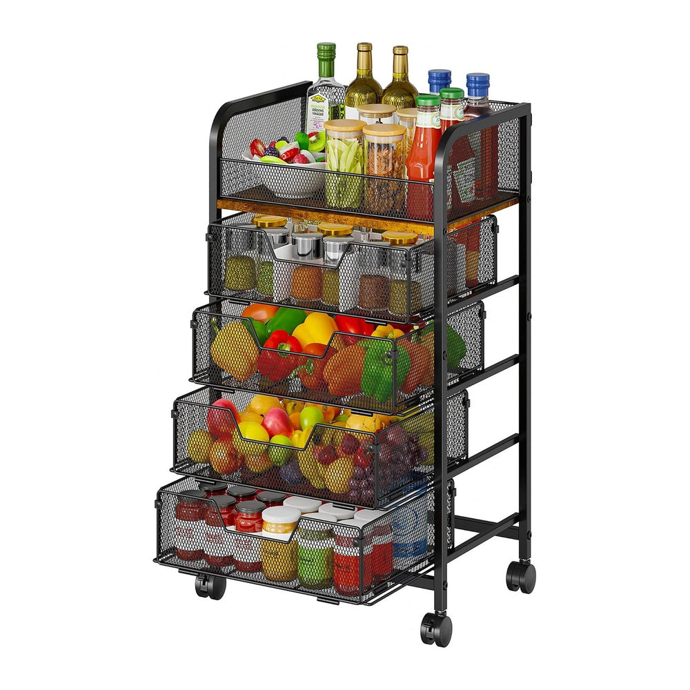 5-Tier Rolling Kitchen Cart with Drawers - Kitchen Storage Cart on Wheels,Pan...