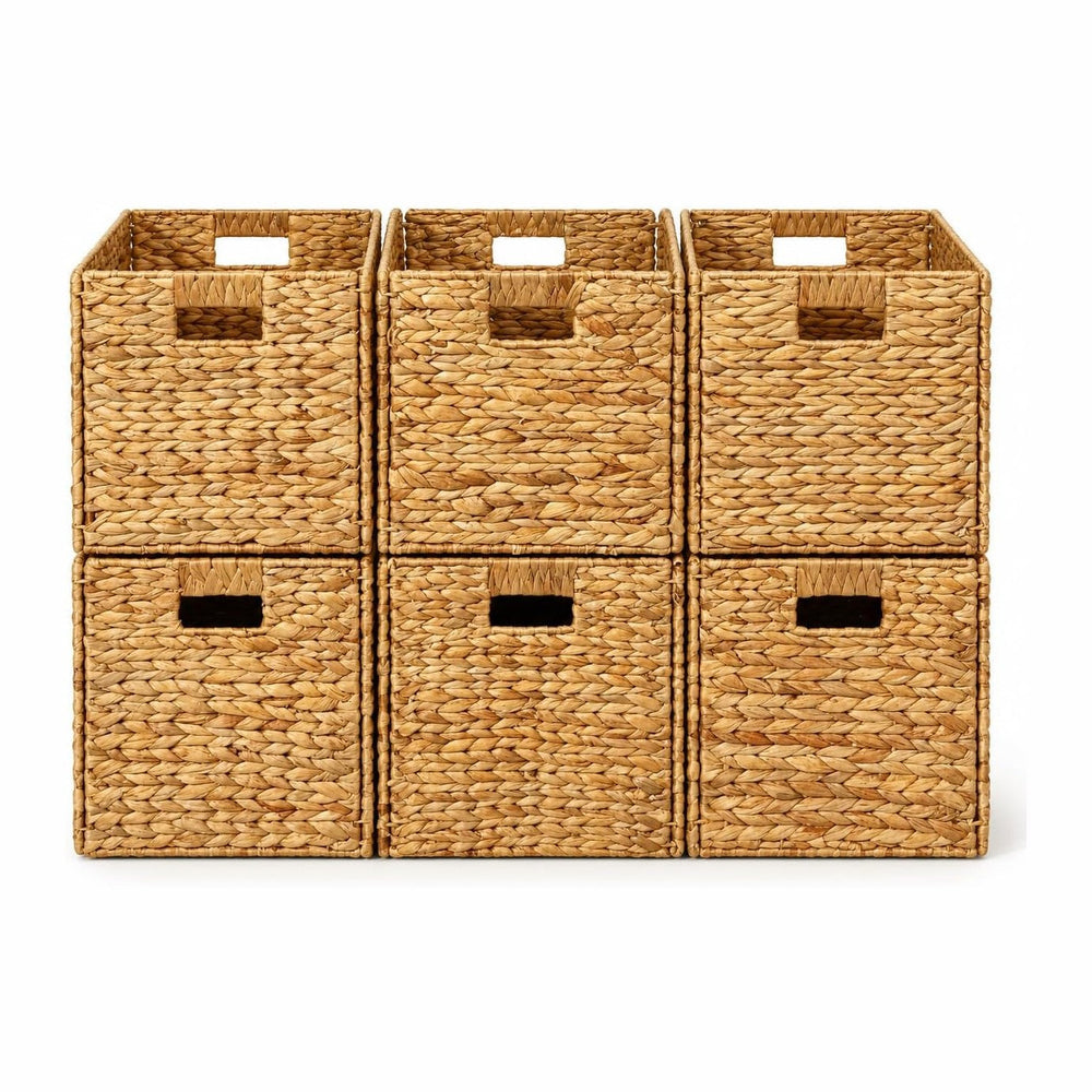 6 Hand-Woven Wicker Storage Baskets 13x11x11in, Water Hyacinth Shelf Bins