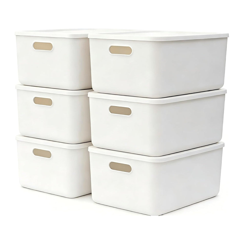 6 Piece Plastic Storage Baskets Boxes with Lids, 11.8x8x4.7 Inch Stackable Or...