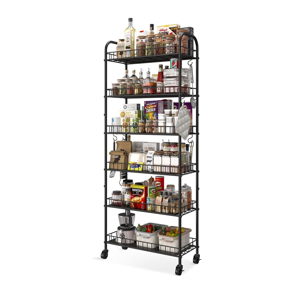 6 Tier Slim Storage Cart with Wheels, Metal Mobile Shelving Unit Organizer Ut...
