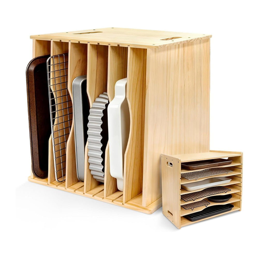6 Tier Wooden Tray Dividers for Cabinets, Cookie Sheet Organizer 15.7" W...