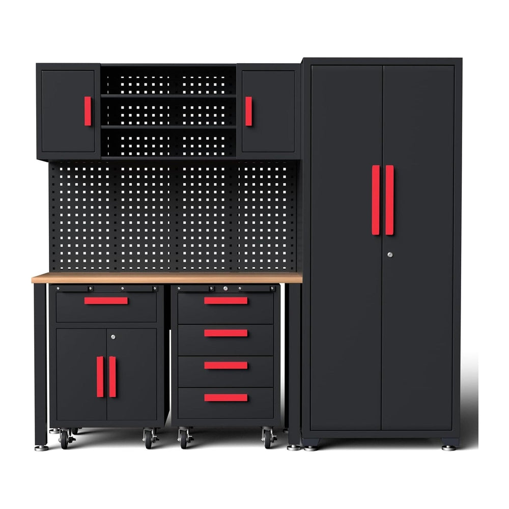 6Pcs Garage Cabinets Storage System with Rolling Chest,Red Handle