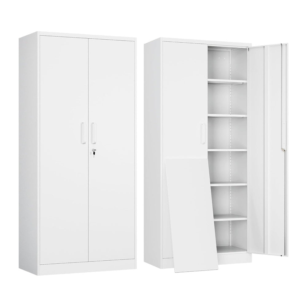 71" H Metal Storage Cabinet with Lock, White Garage Cabinets with 2 Door...
