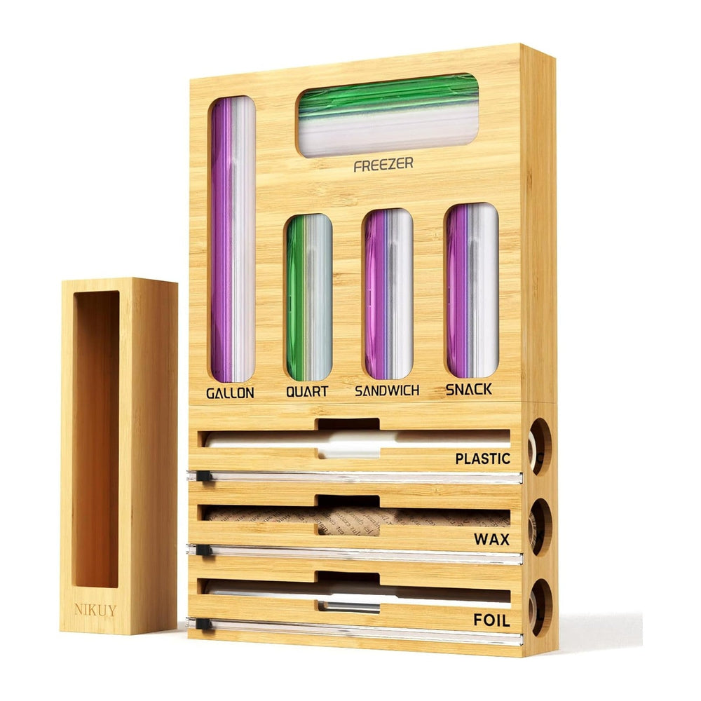 9 IN 1 Bamboo Foil and Plastic Wrap Organizer for Kitchen Drawer, Plastic Bag...