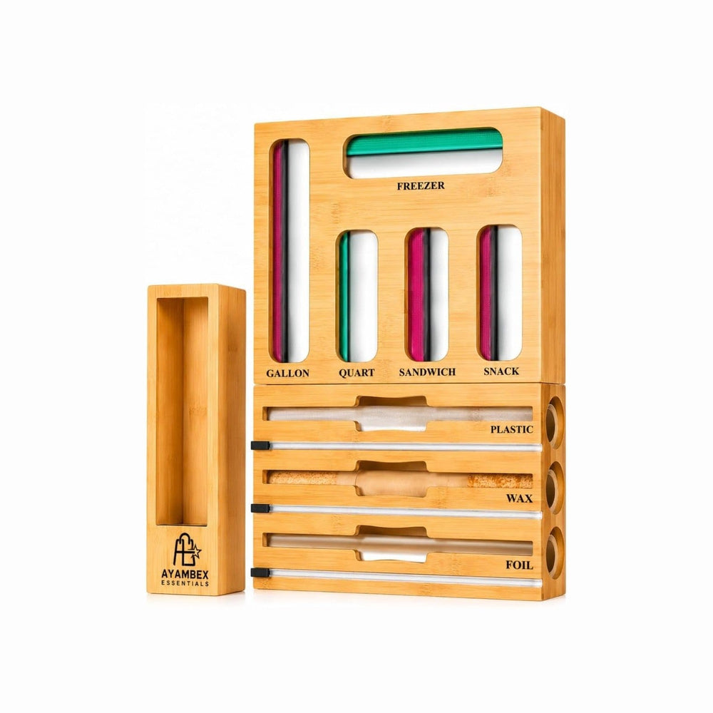 9-in-1 Bamboo Kitchen Drawer Organizer - Storage Bag Holder with Built-In Foi...
