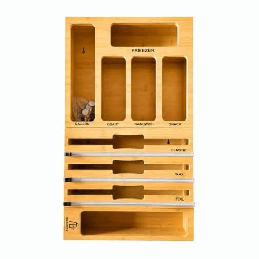 9-in-1 Bamboo Kitchen Drawer Organizer - Storage Bag Holder with Built-In Foi...