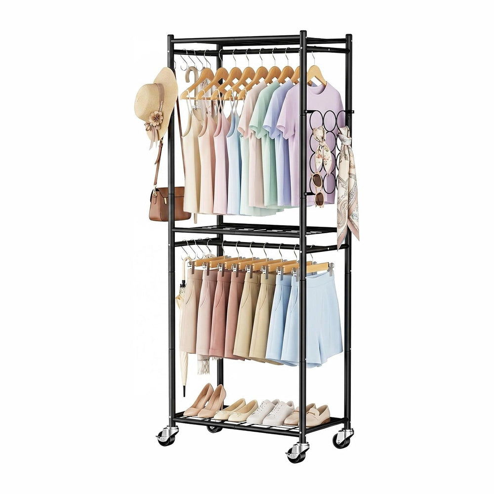 Aduanbang Heavy Duty Rolling Clothes Rack, 3 Tier Wire Shelving, Metal Garmen...