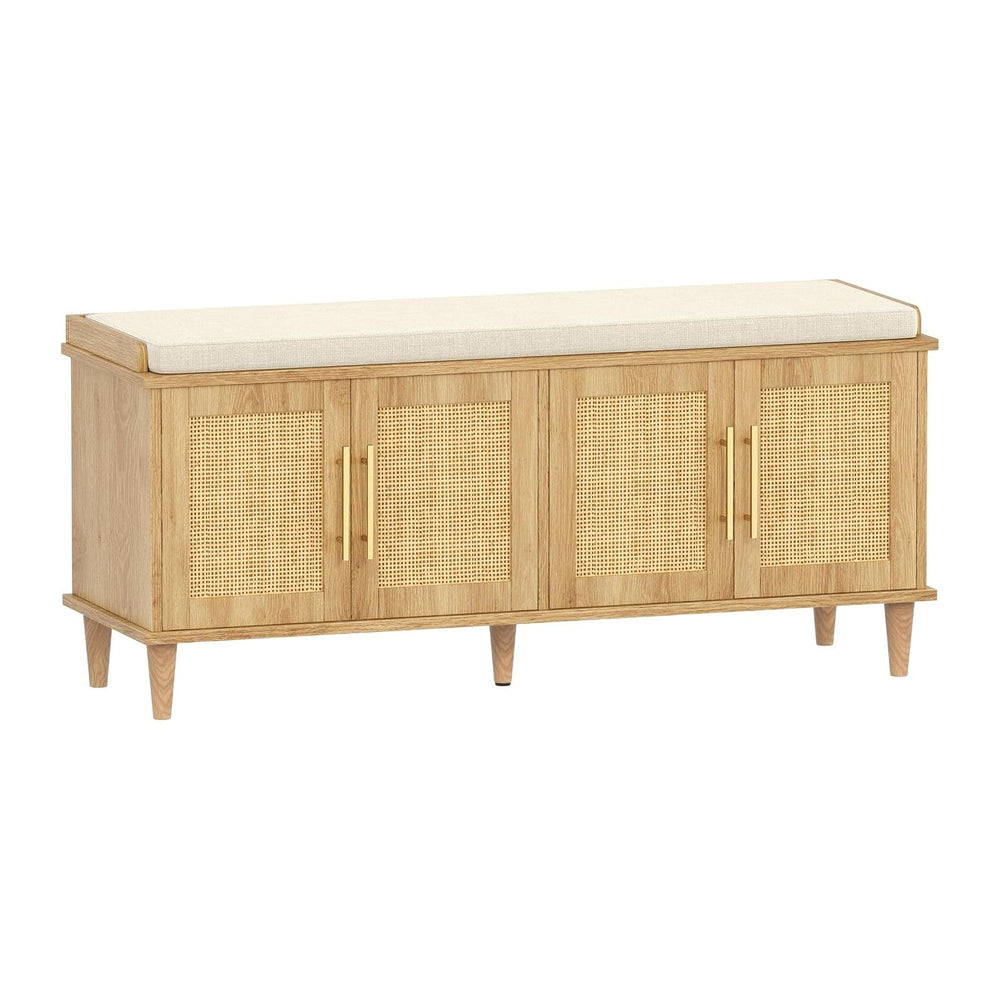 Akxomel 47.2" Rattan Shoe Storage Bench 4 Doors Wooden Entryway Bench Oak