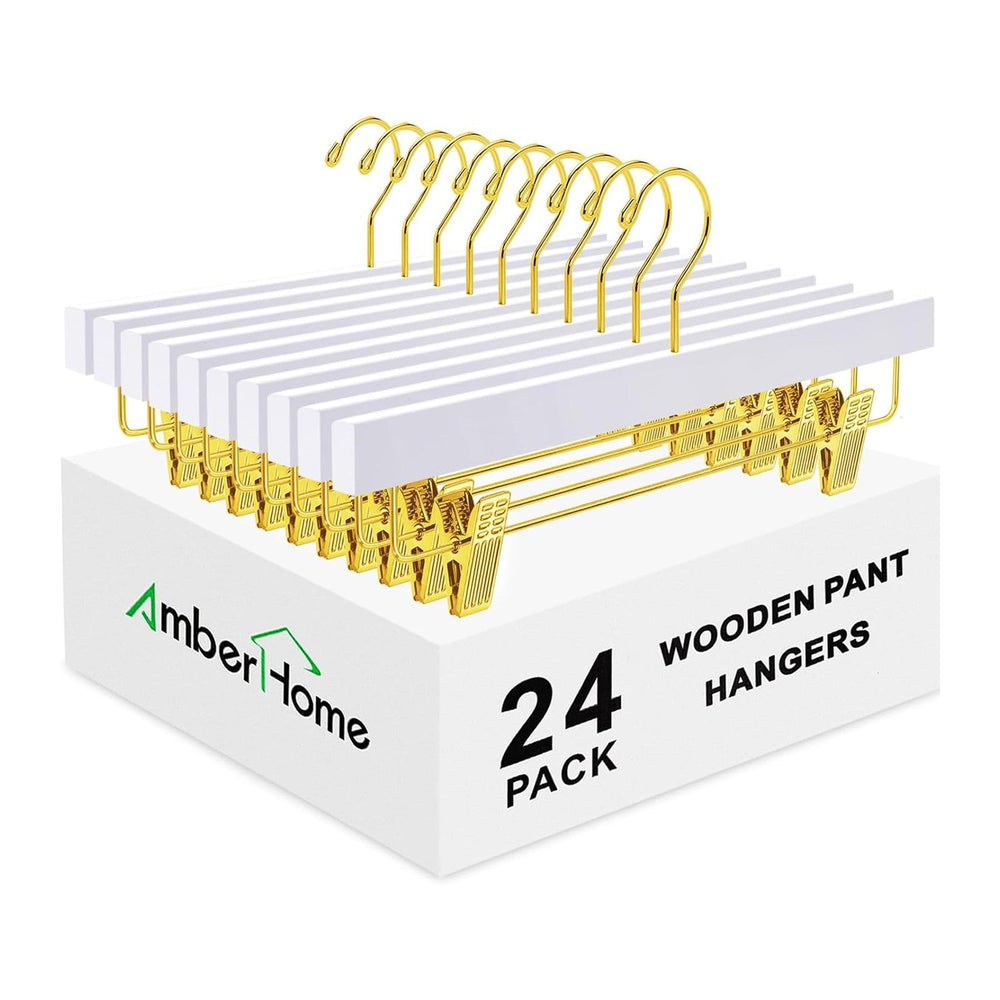 Amber Home 24 Pack White Wooden Pants Hangers with Gold Clips