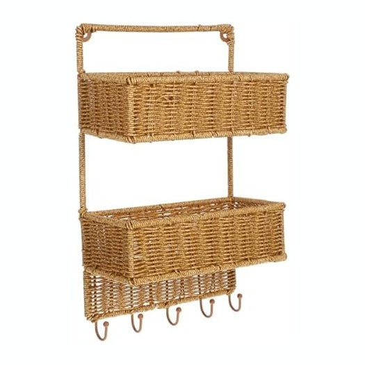 Angoily Woven Wall Mount 2-Tier Storage Sorter Basket with 5 Hooks Rattan Han...